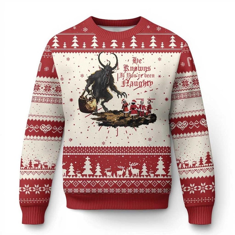 Krampus Ugly Christmas Sweater He Knows If You've Been Naughty Funny Gifts For Horror Fans