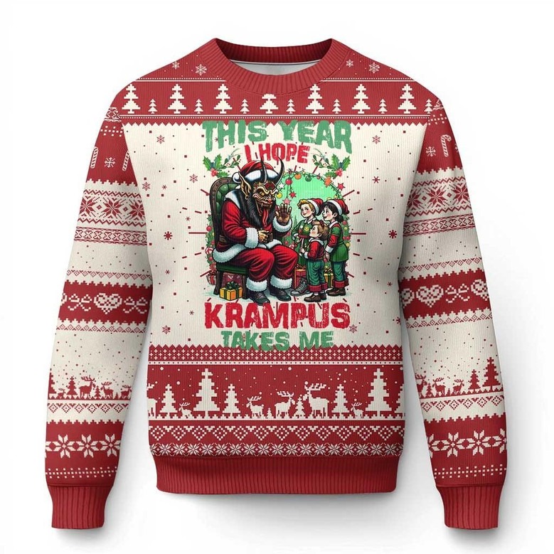 Krampus Ugly Christmas Sweater This Year I Hope Krampus Takes Me Funny Gifts For Horror Fans