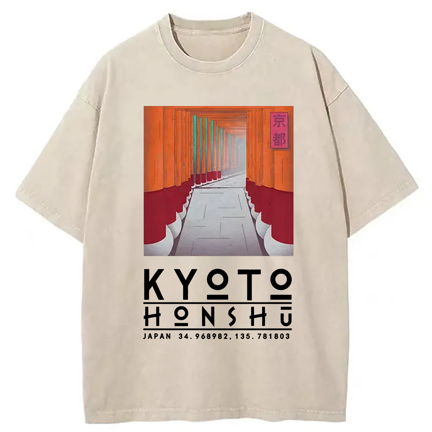 Kyoto Attractions Washed T-Shirt Cool Urban Street Style Shirt Gifts For Friends