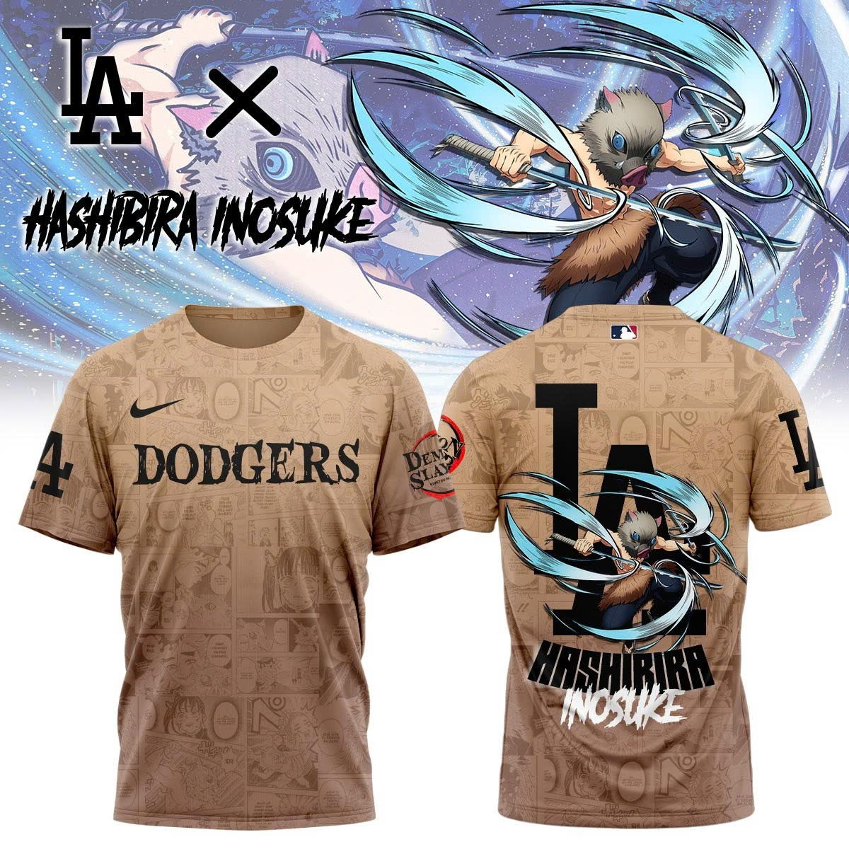 LA Dodgers vs Demon Slayer Inosuke T-Shirt Hashibira Inosuke Basketball Fan Tee Gift For Anime Fans