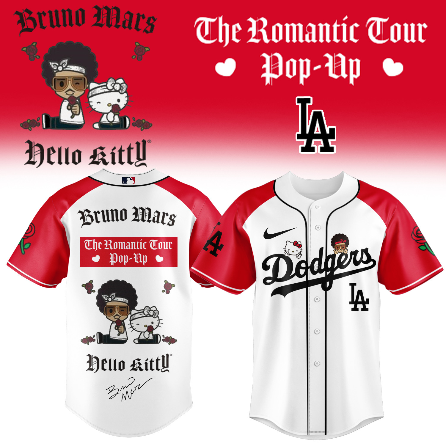 LA Dodgers x Bruno Mars Hello Kitty Jersey Bruno Mars The Romantic Tour Merch Gift For Fans