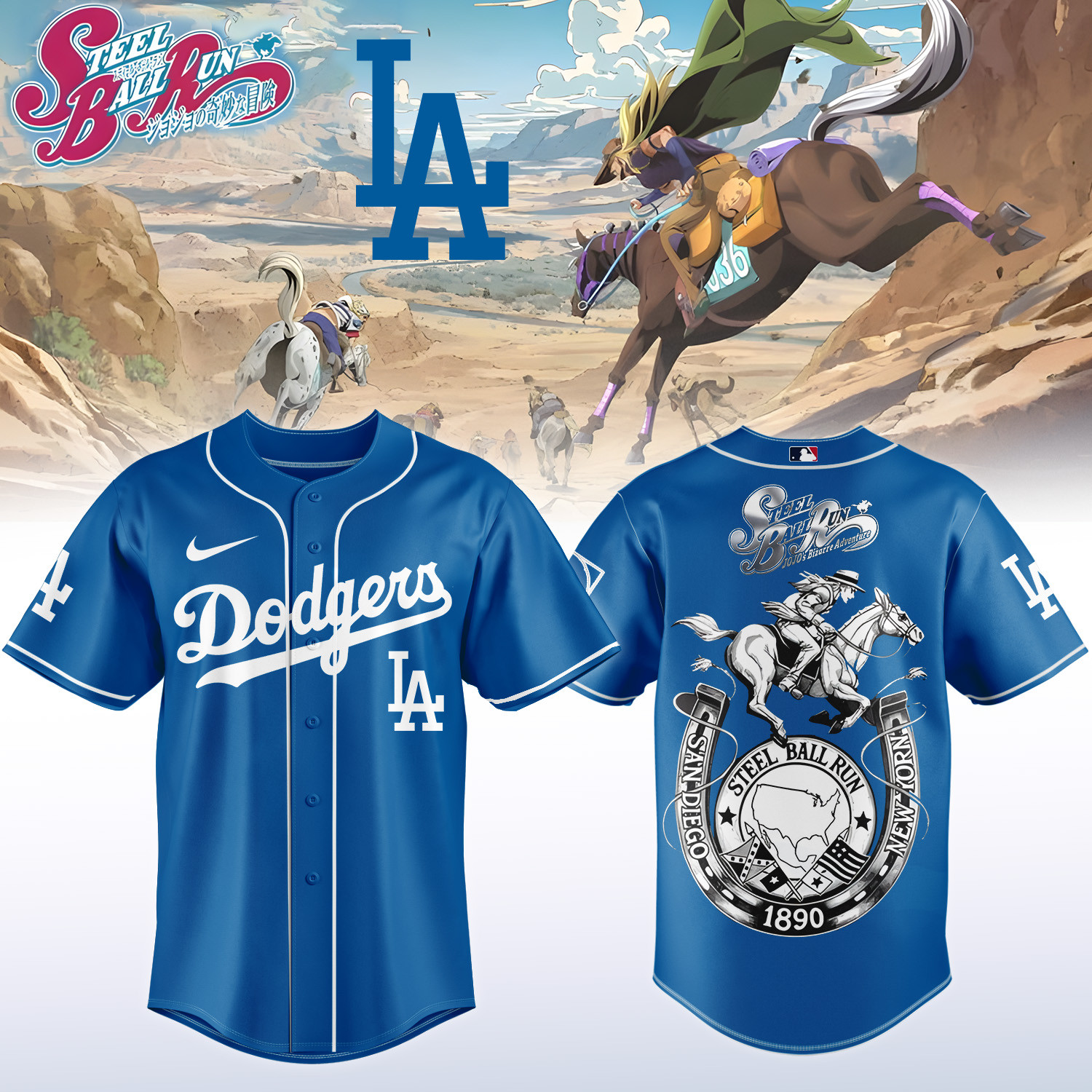 LA Dodgers x Steel Ball Run Baseball Jersey Gyro Zeppeli Horseback Graphic Tee Baseball Fan Gears