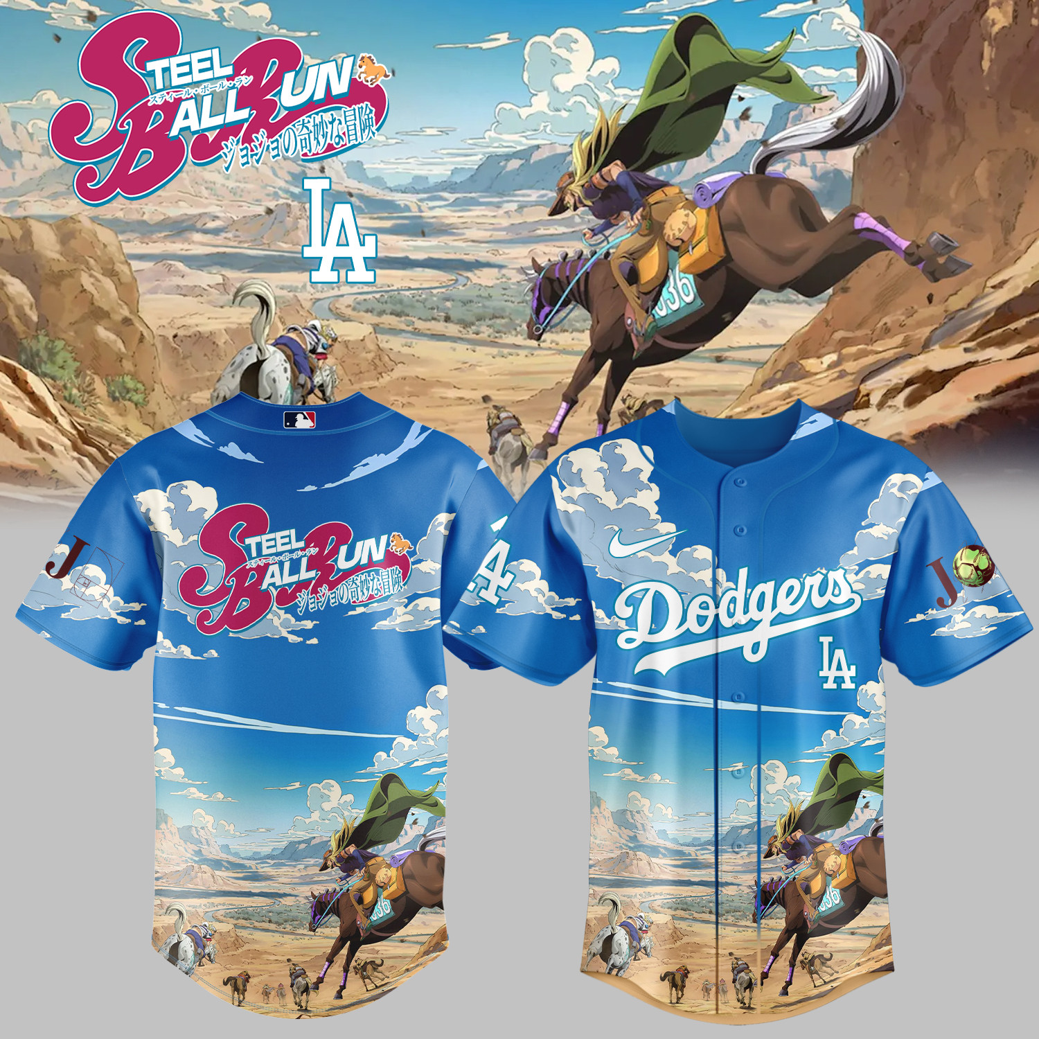 LA Dodgers x Steel Ball Run Baseball Jersey Gyro Zeppeli Horseback Graphic Tee Birthday Gift For Fans