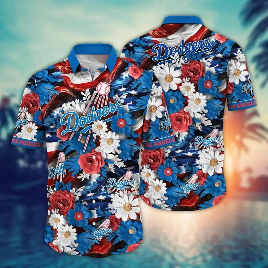 LA Los Angeles Dodgers Hawaiian Shirt Floral American Flag Aloha Shirt Fan Gifts For Dad