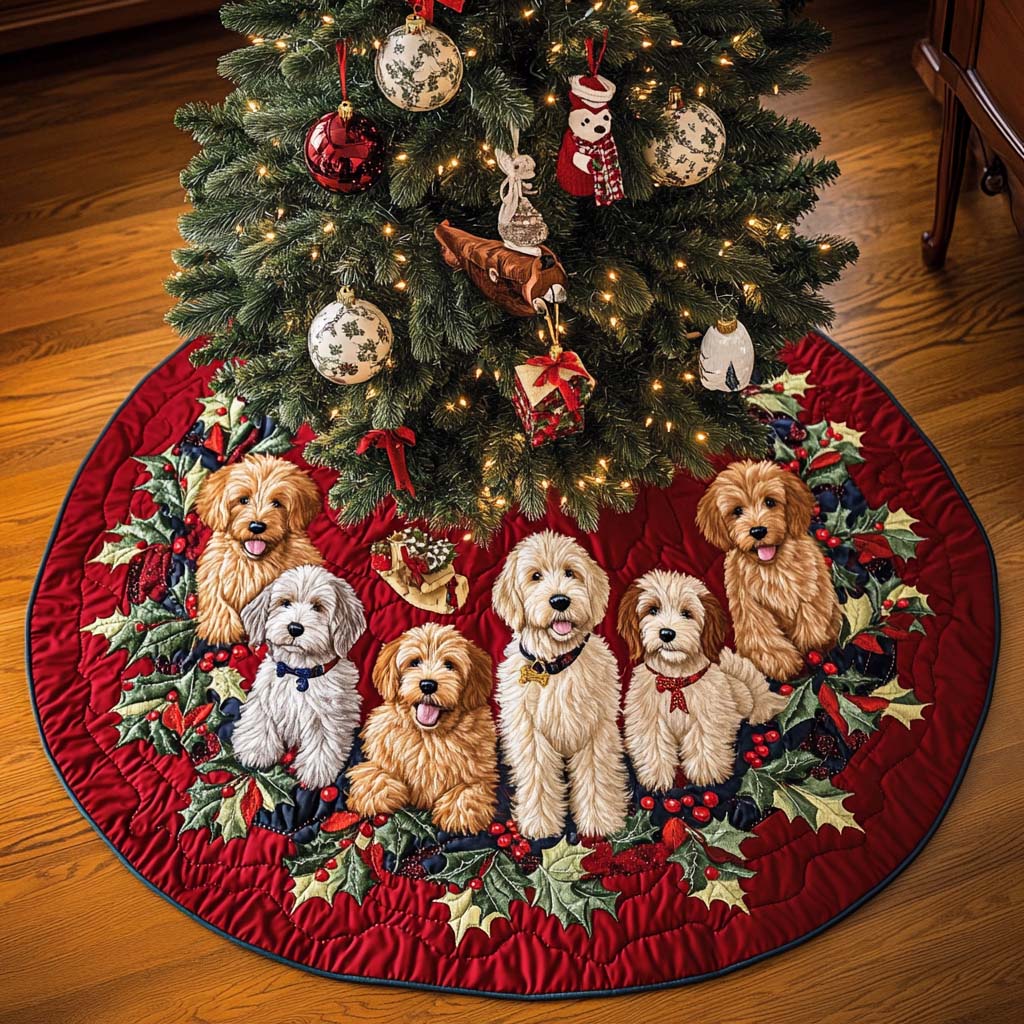 Labradoodle Adventure Christmas Quilted Tree Skirt Family Holiday Gathering Decor Holiday Tree Base Decoration