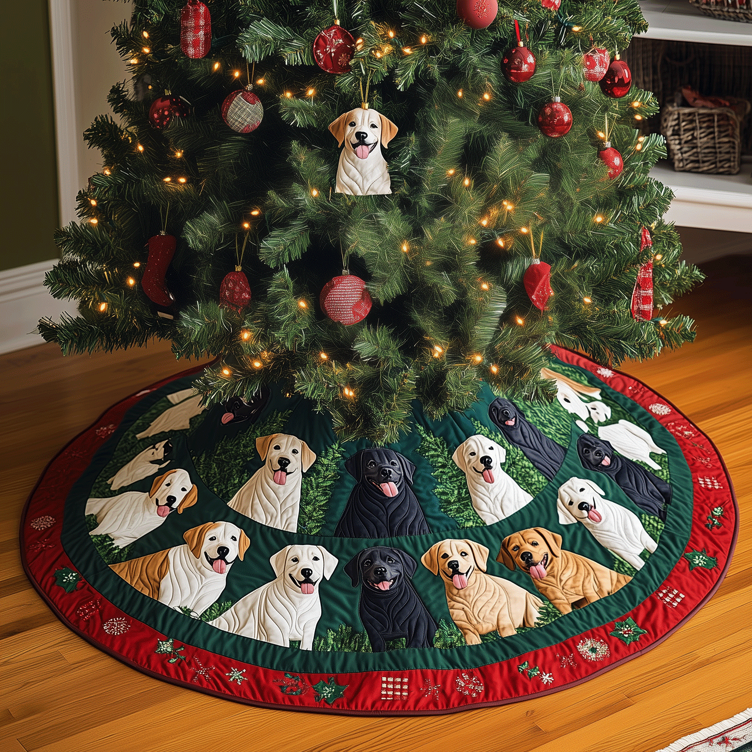 Labrador Christmas Cheer Quilted Christmas Tree Skirt Holiday Merch That Completes Your Christmas Setup