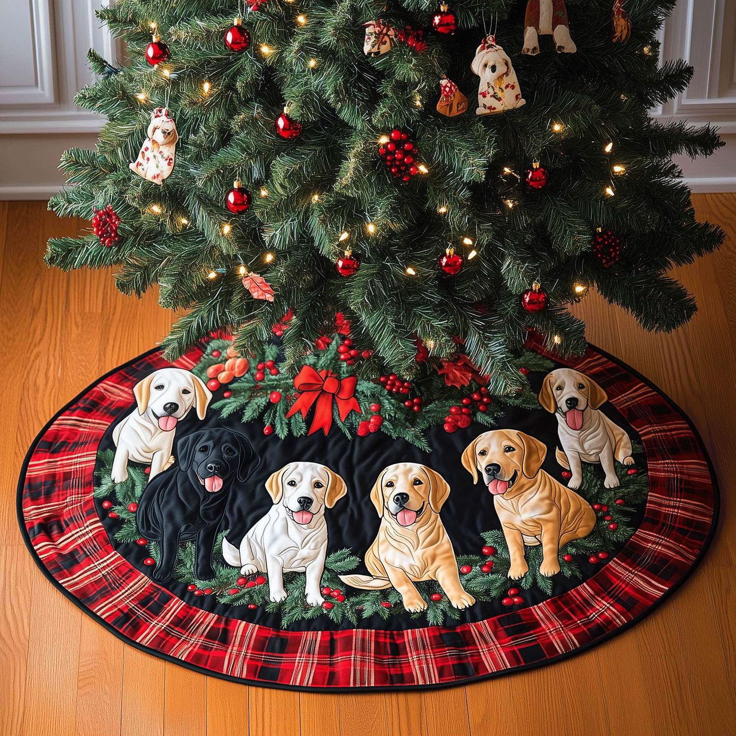 Labrador Christmas Fun Quilted Christmas Tree Skirt Xmas Tree Base Cover Christmas Gifts For Couples