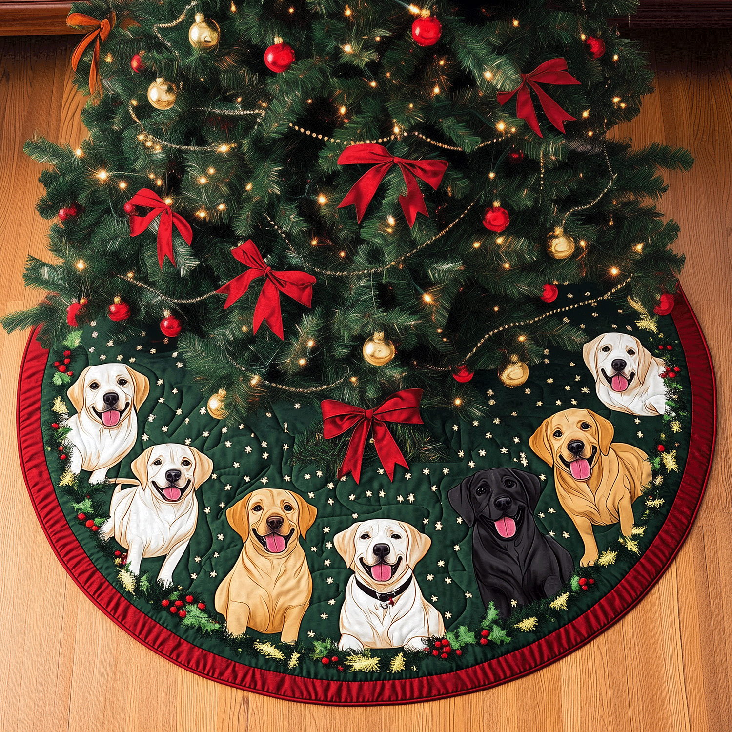 Labrador Festive Quilted Christmas Tree Skirt Charming Tree Skirt for Family Gatherings