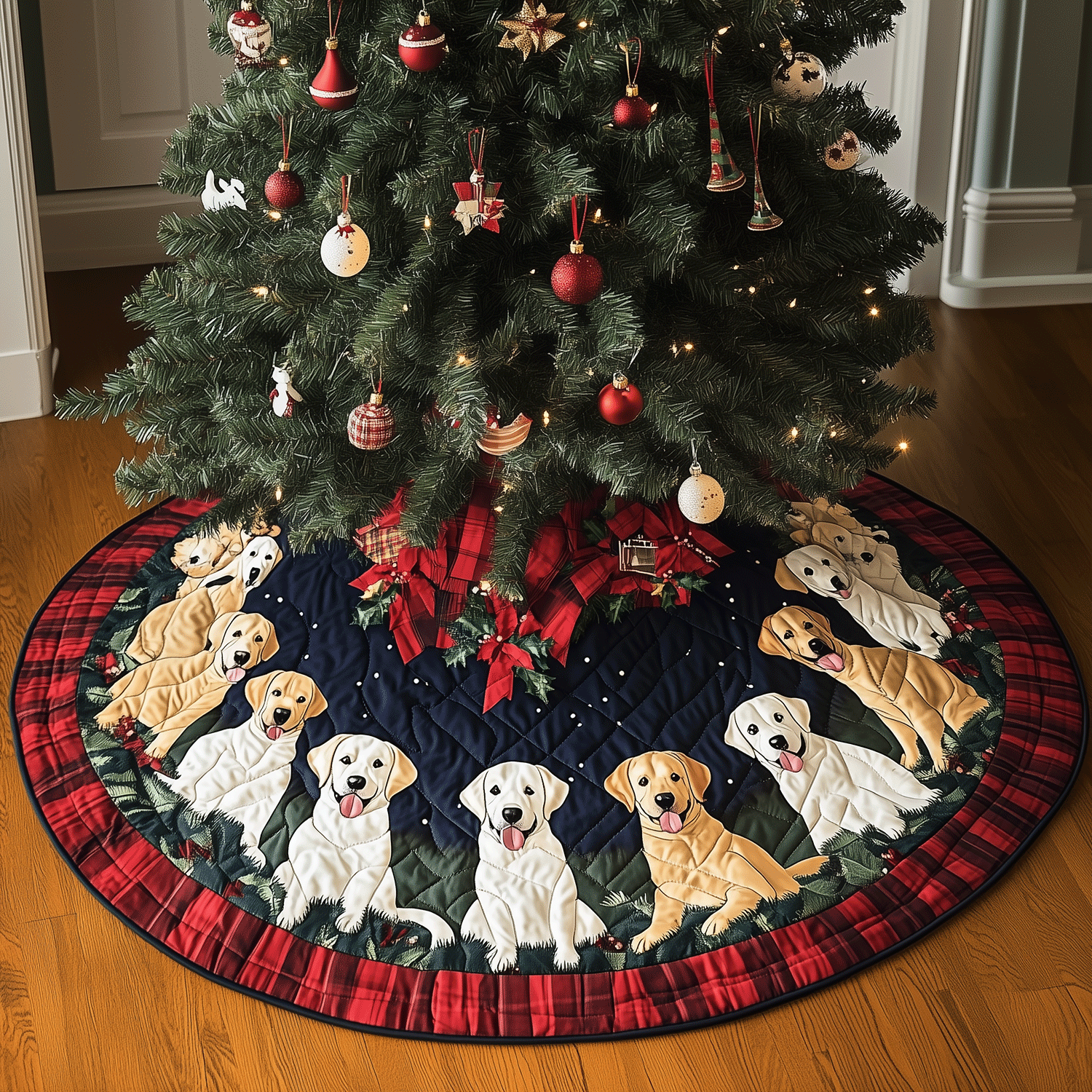 Labrador Holiday Spirit Quilted Christmas Tree Skirt Festive Christmas Tree Skirt for Holiday Decor