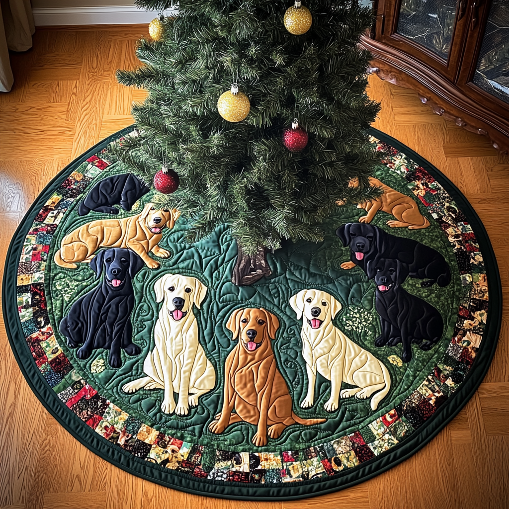 Labrador Sleigh Ride Christmas Quilted Tree Skirt Festive Christmas Tree Skirt for Holiday Decor