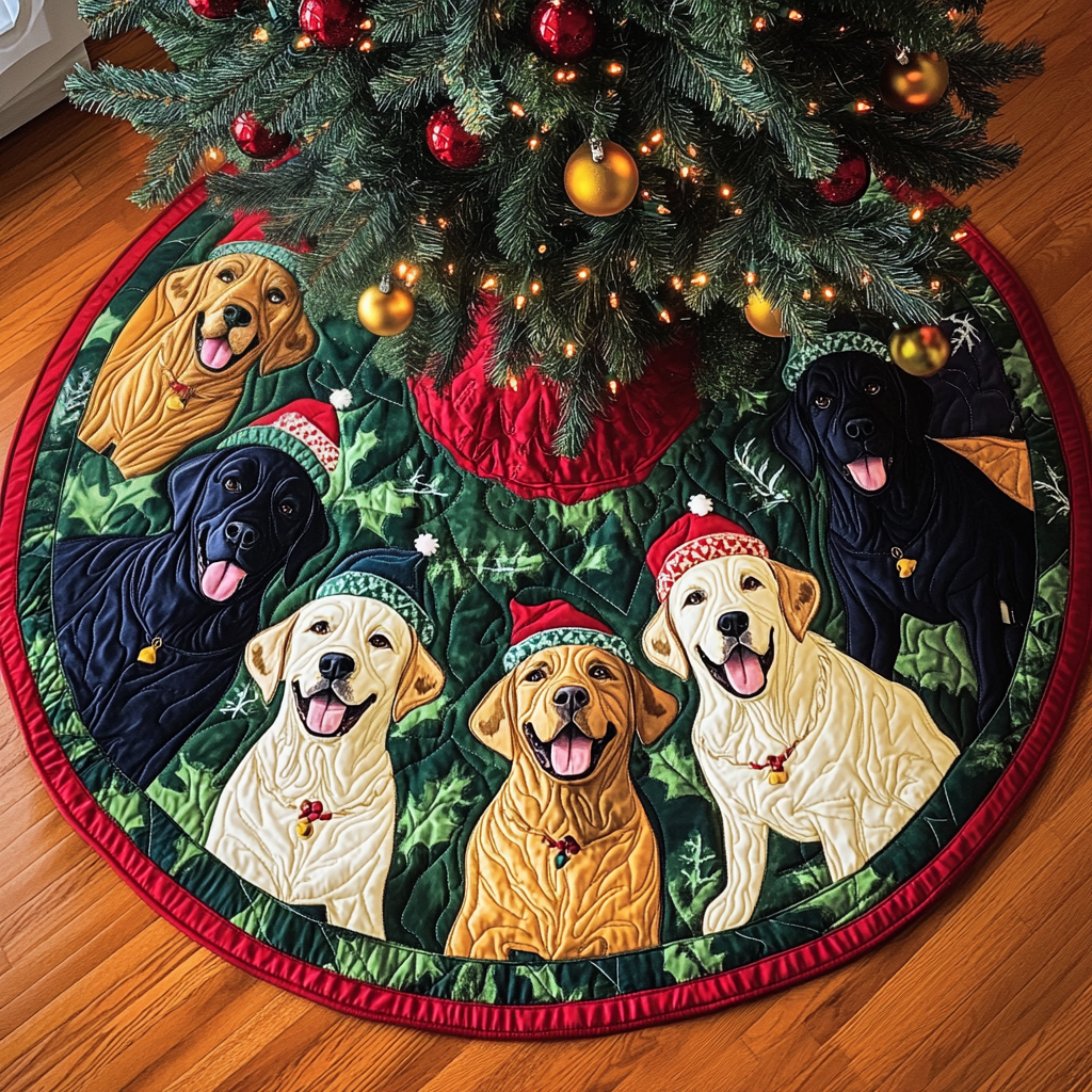 Labrador Under The Tree Christmas Quilted Tree Skirt Christmas Tree Base Cover Xmas Gifts For Aunts And Uncles