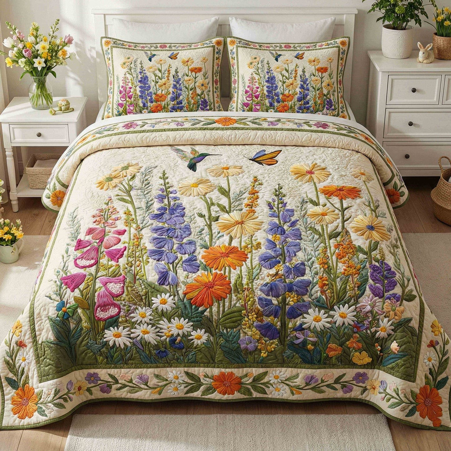 Ladybug Blue Daisy 3-Piece Quilted Bedding Set Spring Floral Bedspread Best Gift For Her Mom