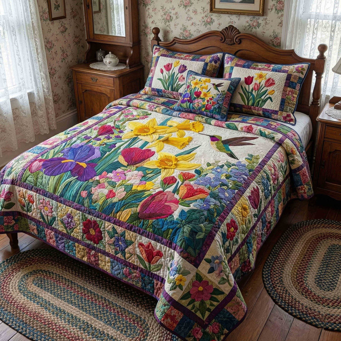 Ladybug Garden Daisy 3-Piece Quilted Bedding Set Spring Floral Bedspread Best Gift For Her