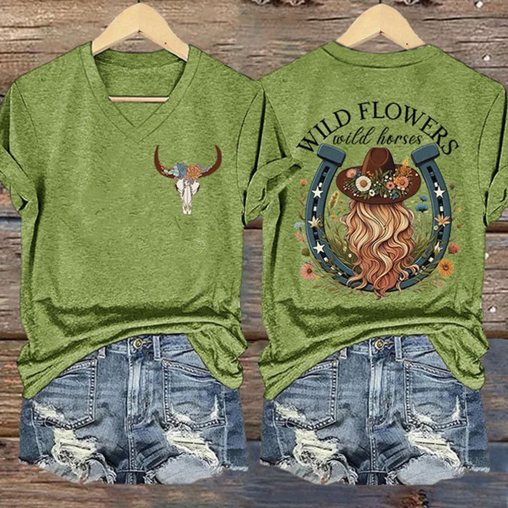 Lainey Wilson Merch Wild Flowers And Wild Horses Lainey Wilson V-neck T-Shirt Fan Gifts