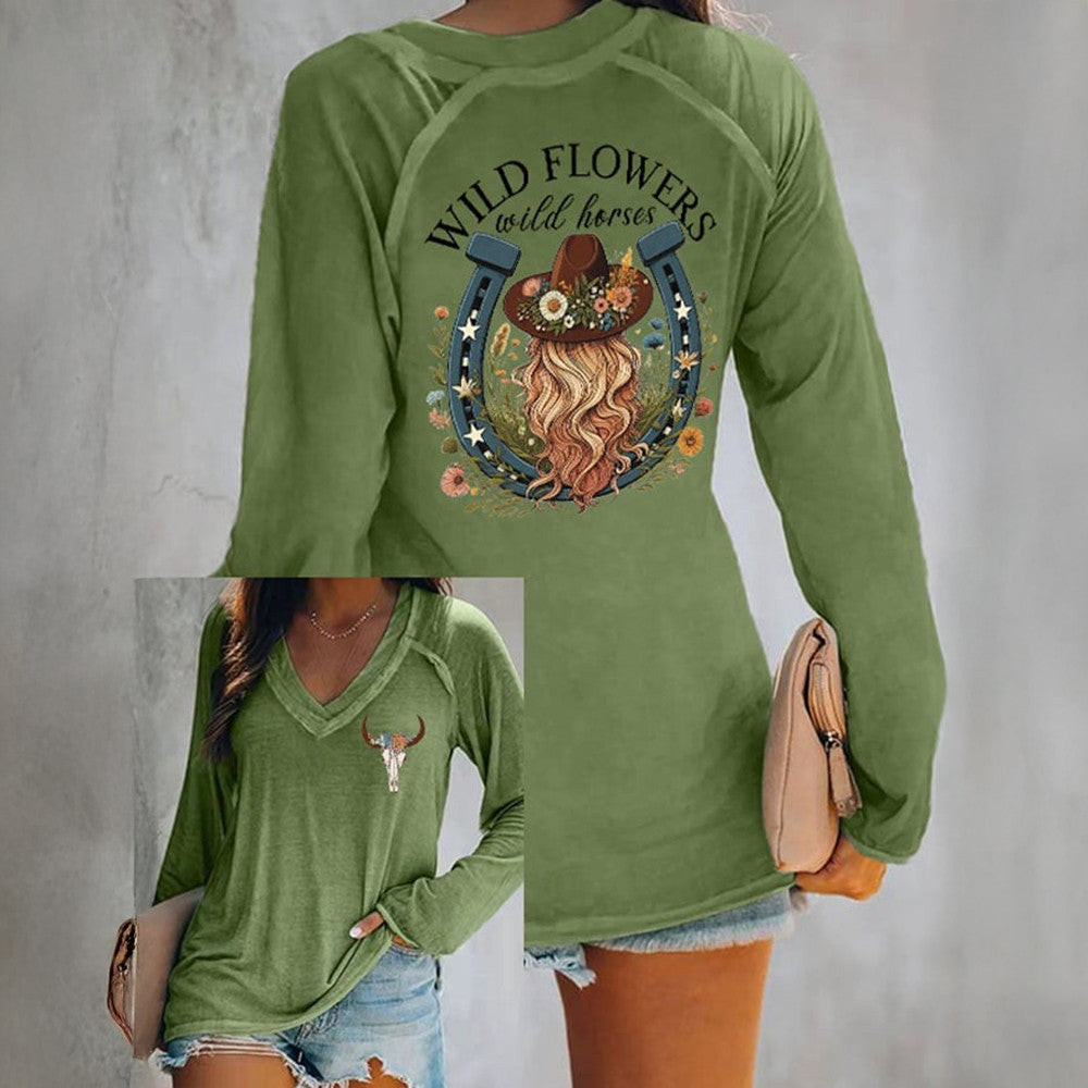 Lainey Wilson Merch Wild Flowers Wild Horses V-neck Long Sleeve T-Shirt Music Fans Father's Day Gift for Dad