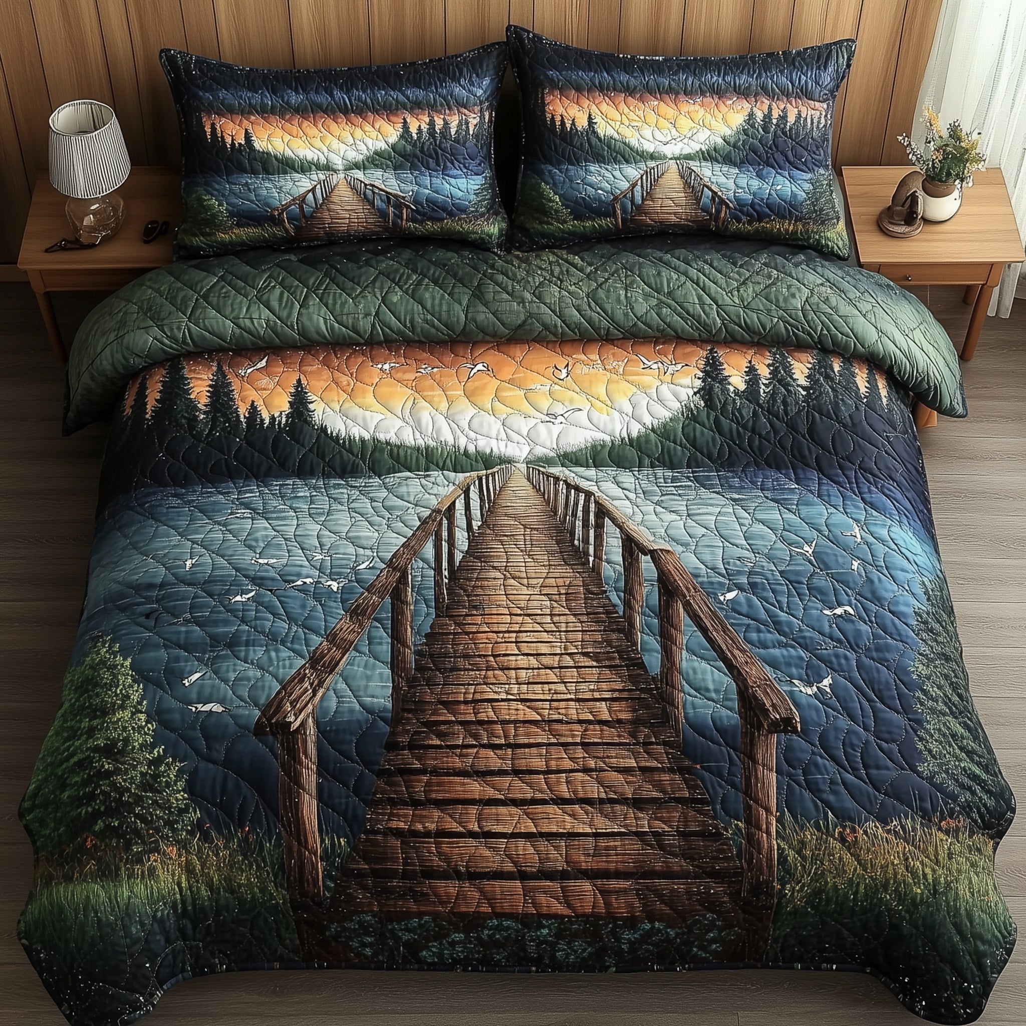 Lake Wooden Dock Quilted Bedding Set Duvet Cover Bedspread Gifts For Mum For Christmas