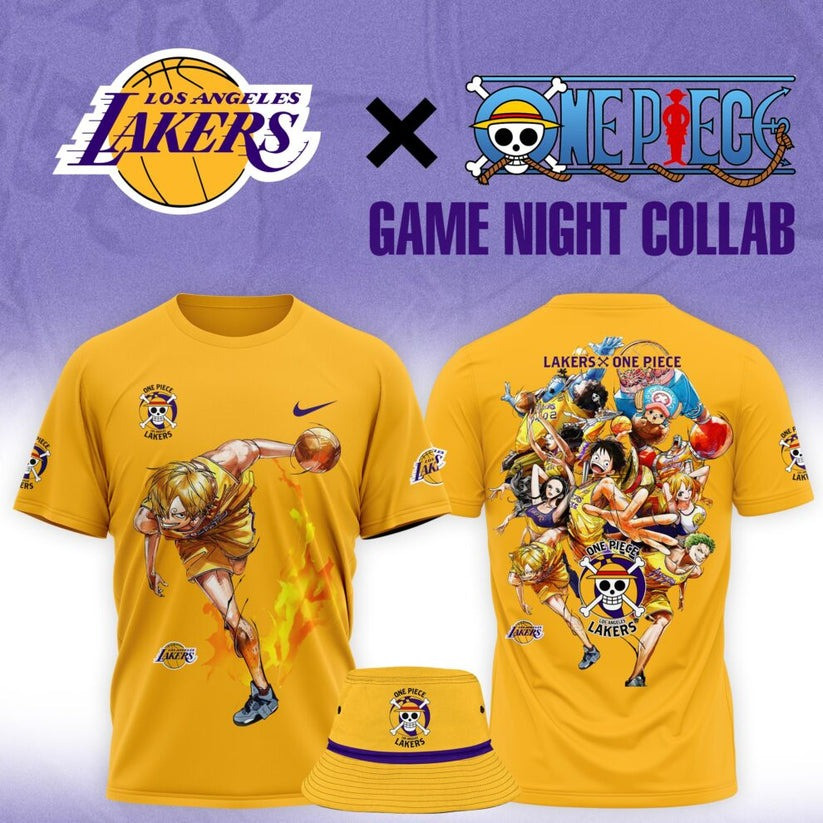 Lakers One Piece Shirt And Bucket Hat Merch Pirates Sanji Luffy One Piece LA Lakers Collab