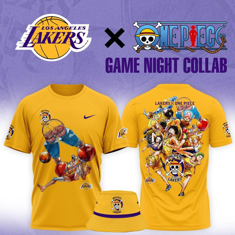 Lakers One Piece Shirt And Bucket Hat NBA Luffy One Piece LA Los Angeles Lakers Collab Merch