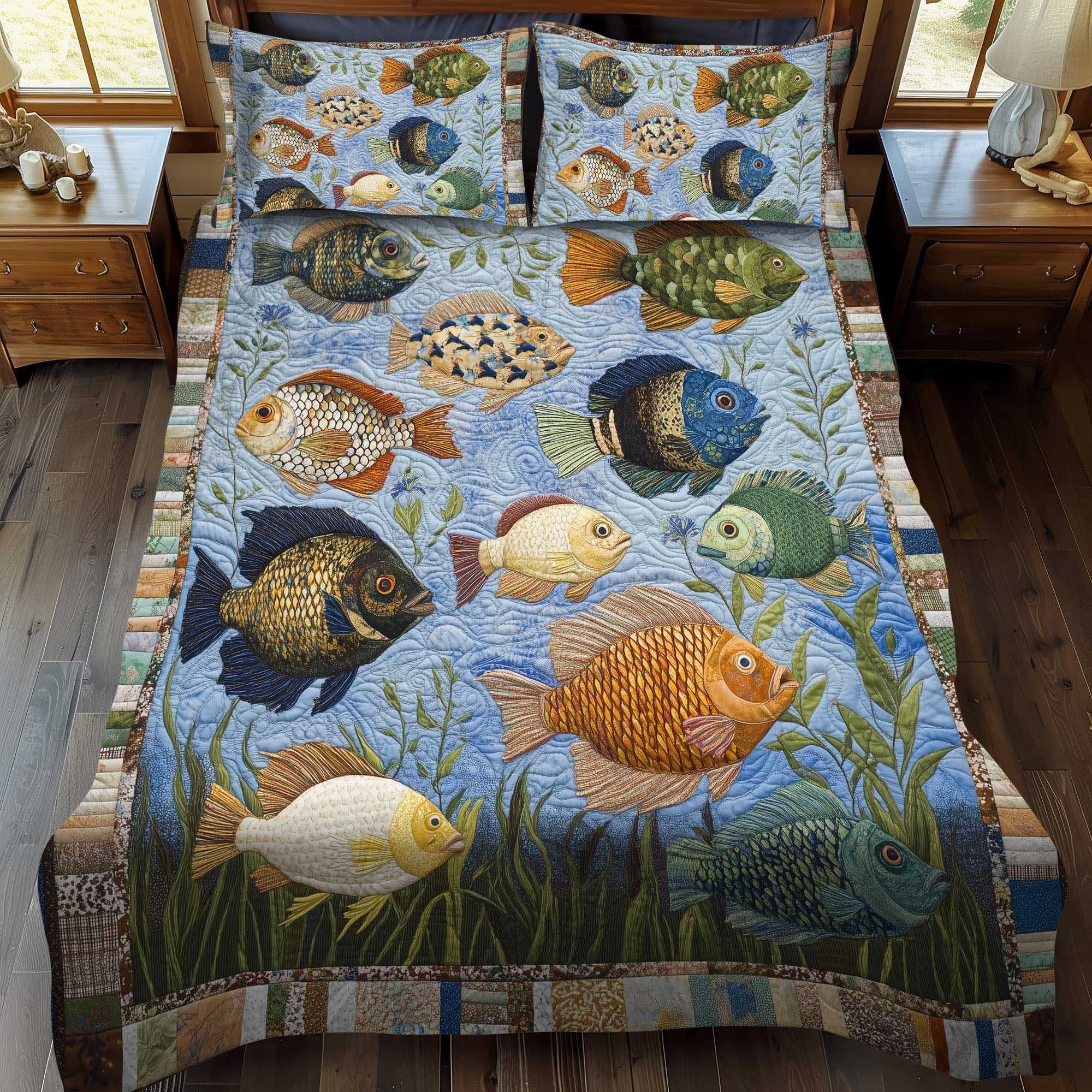 Lakeshore Delight Quilted Bedding Set Holiday Duvet Cover Set Birthday Presents For Fishing Lovers