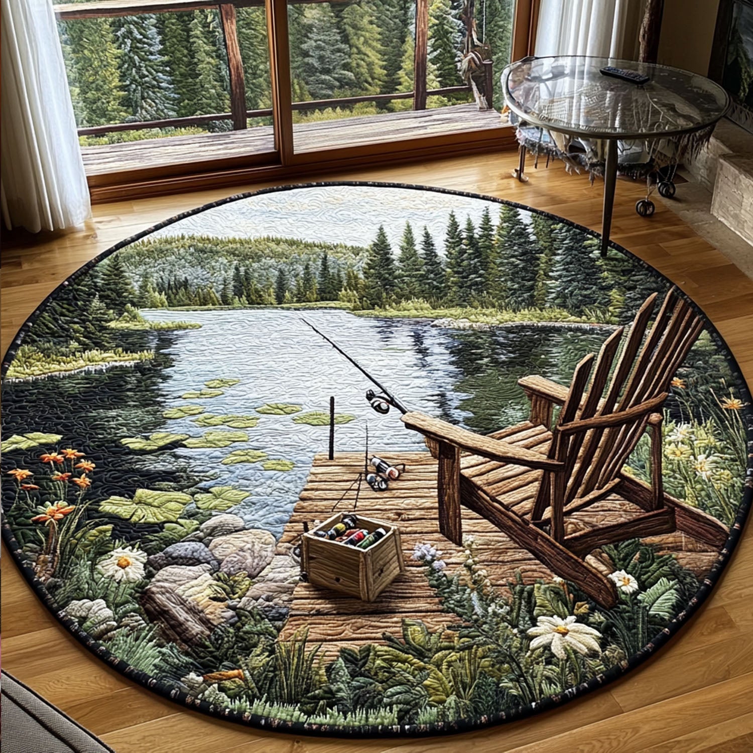 Lakeside Angling Quilted Round Mat Christmas Entry Way Decor Koi Fish Merchandise Gifts