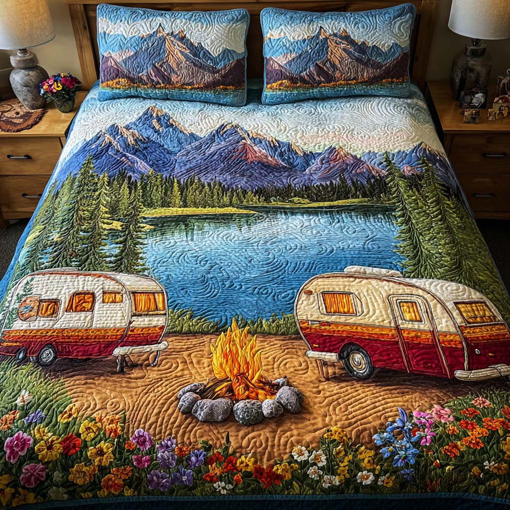 Lakeside Camper Quilt Quilted Bedding Set Full Size Bed Set Nature Inspired Gift For Parents