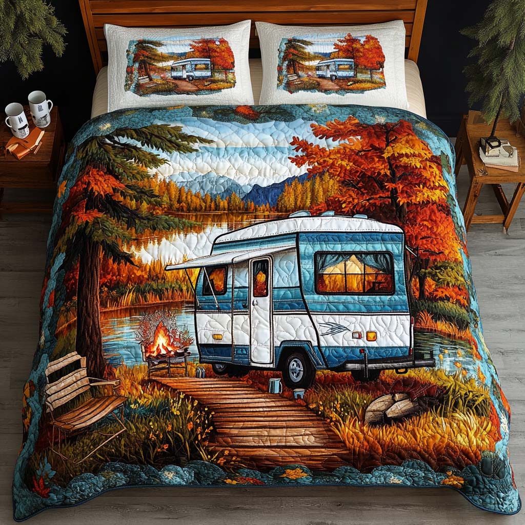 Lakeside Campfire Camper Quilted Bedding Set Autumn Bed Sheet Set Camping Gifts For Friends