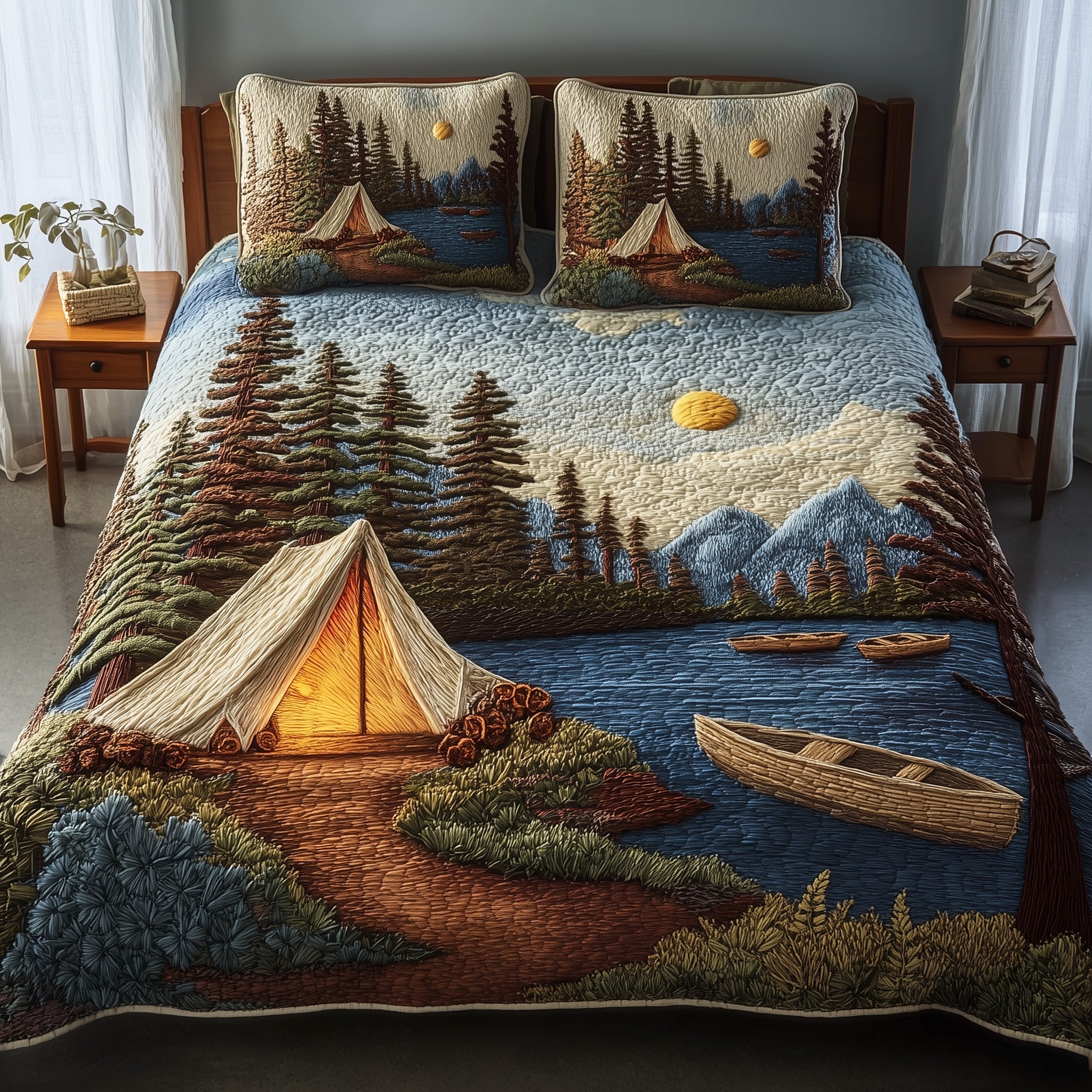 Lakeside Camping Quilted Bedding Set Cotton Sateen