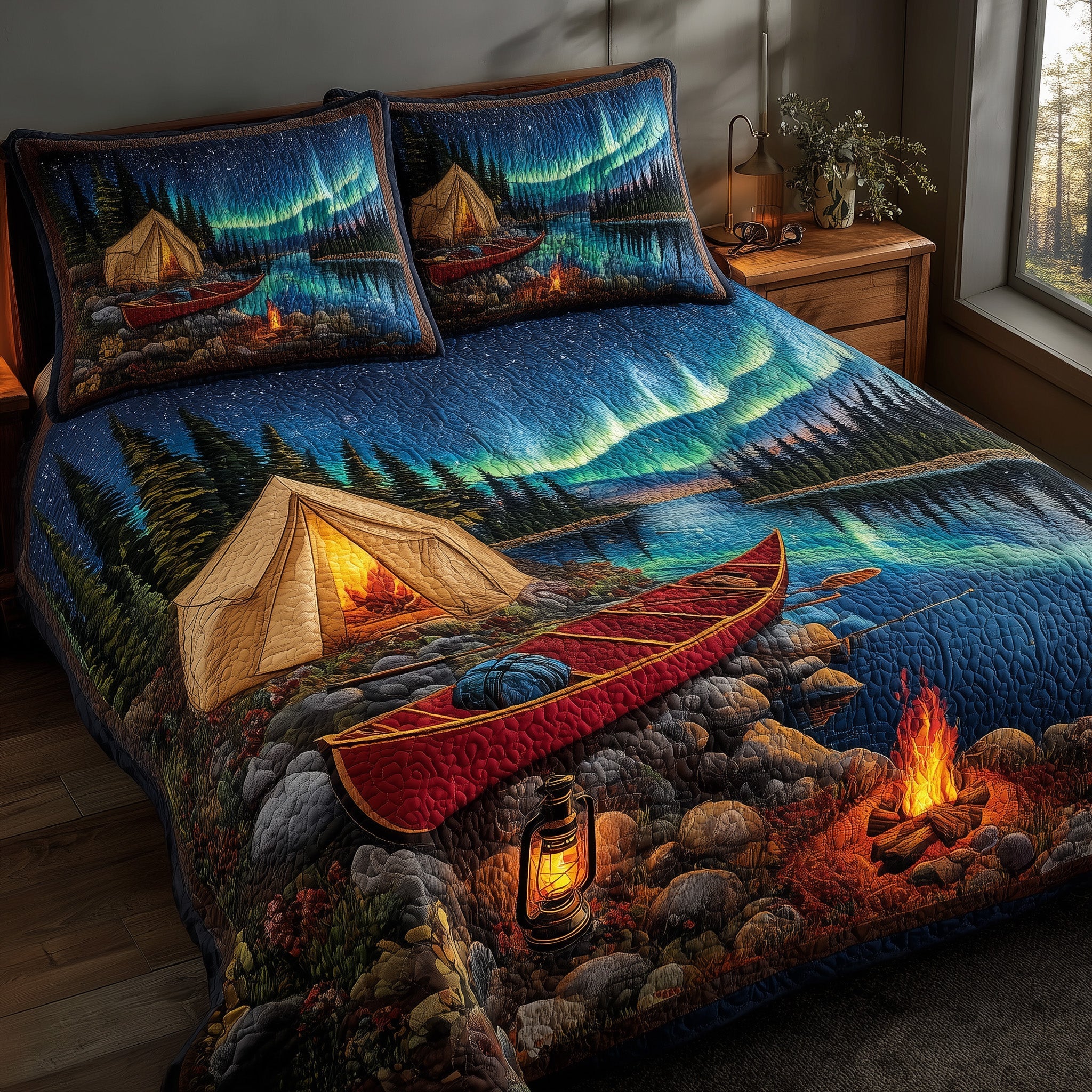 Lakeside Camping Quilted Bedding Set Duvet Cover Bedspread Best Camping Gifts