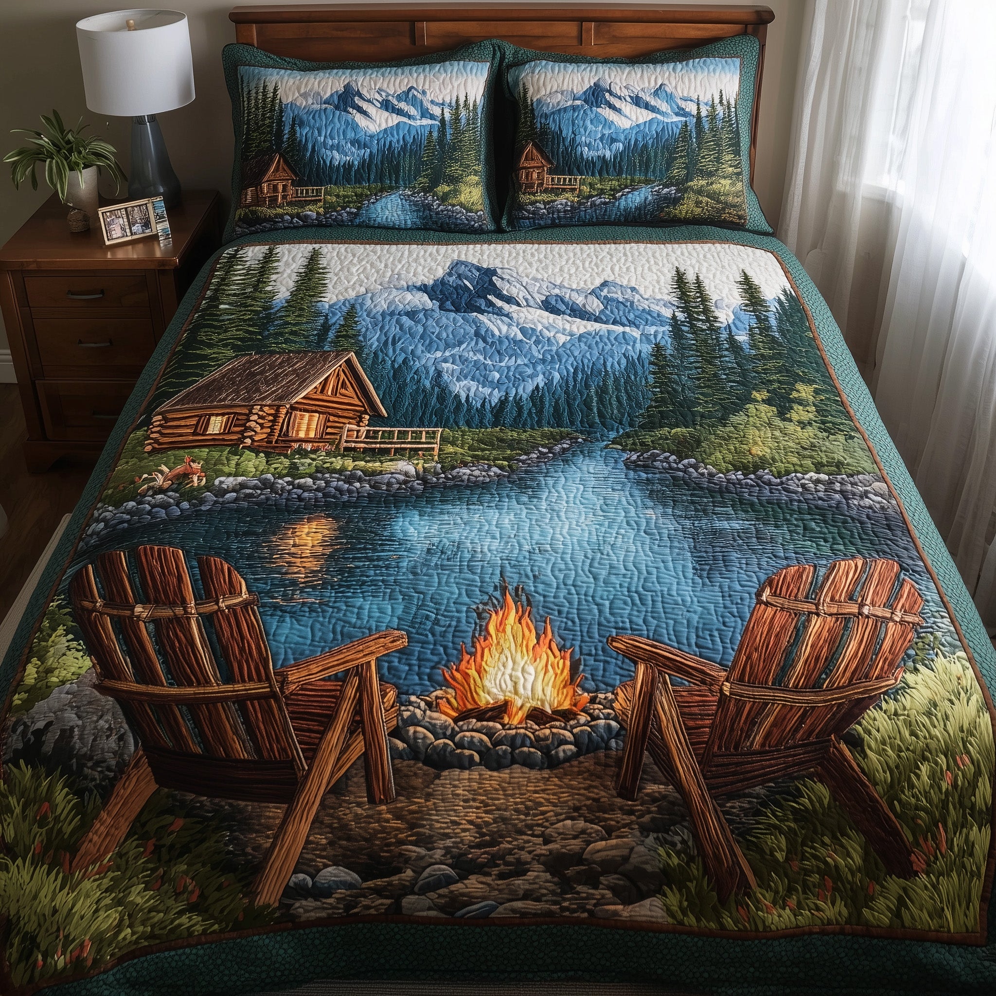 Lakeside Camping Quilted Bedding Set Duvet Cover Bedspread Camping Gifts Fathers Day