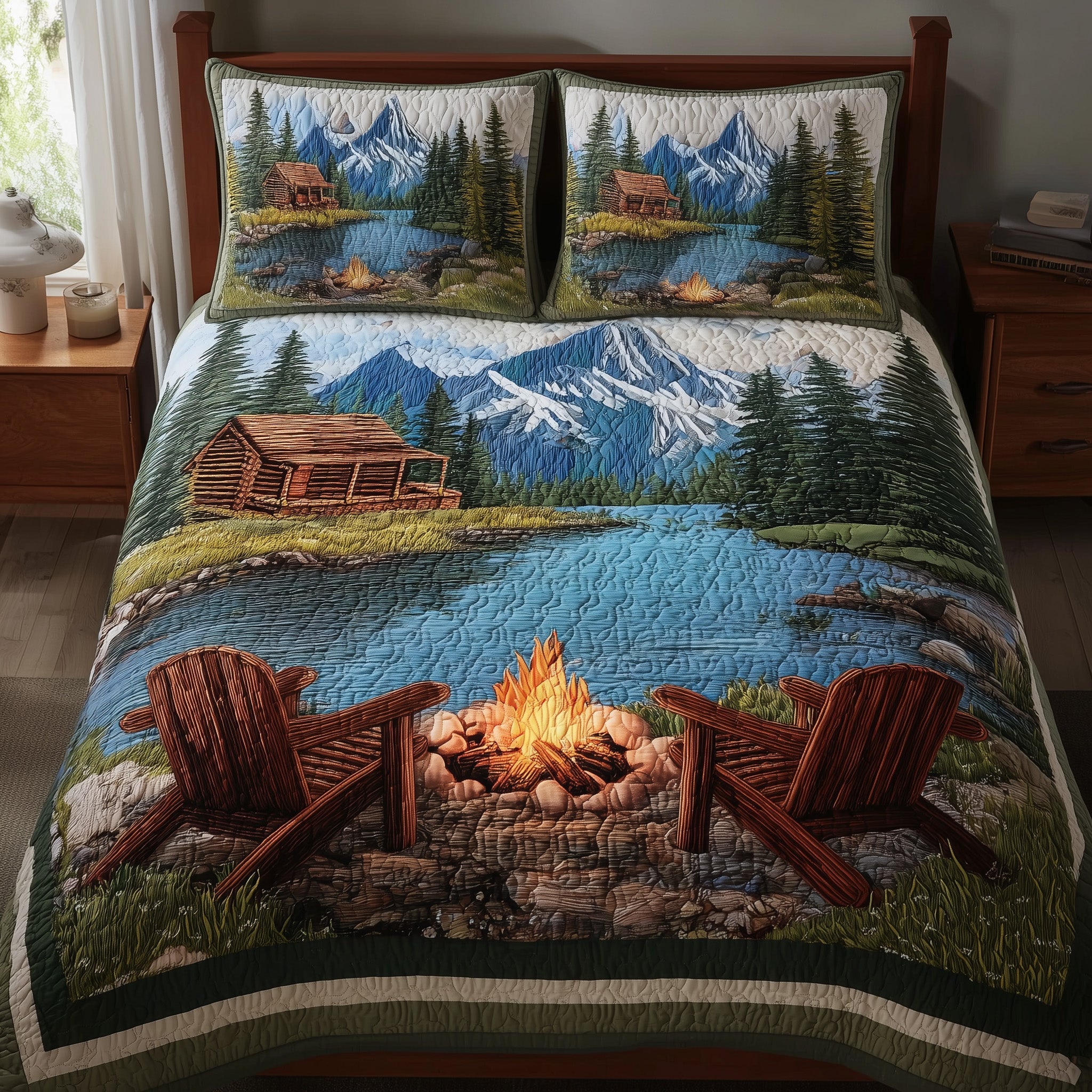 Lakeside Camping Quilted Bedding Set Duvet Cover Bedspread Camping Gifts For Boyfriend
