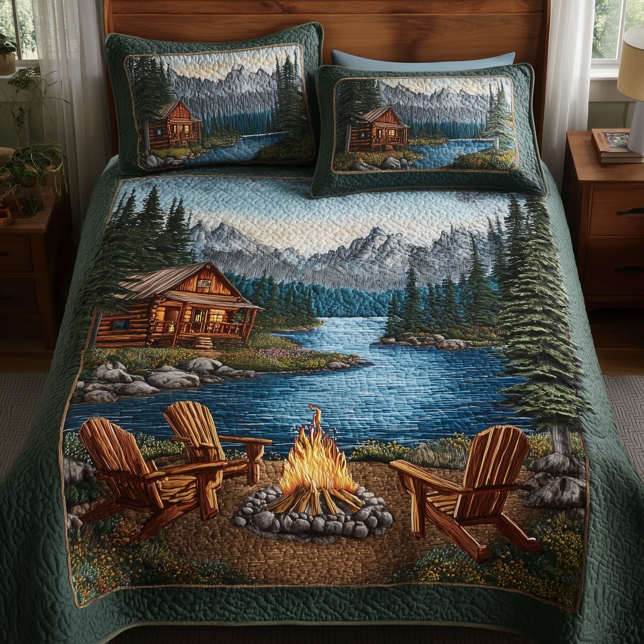 Lakeside Camping Quilted Bedding Set Duvet Cover Bedspread Camping Gifts For Girlfriend
