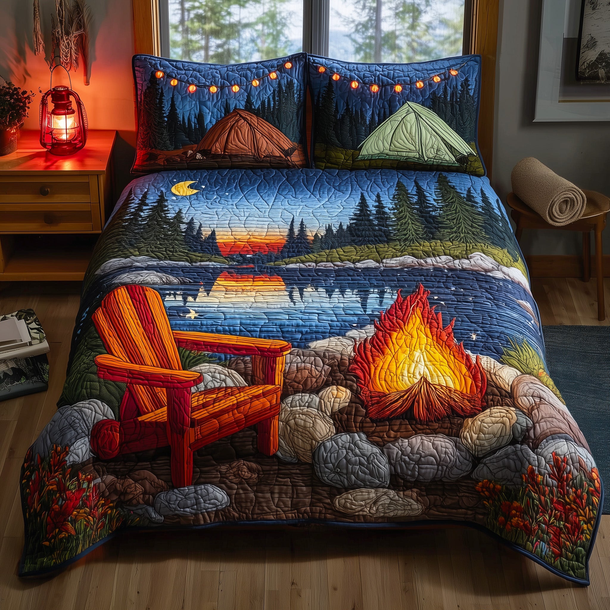 Lakeside Camping Quilted Bedding Set Duvet Cover Bedspread Gifts For Camper Owners