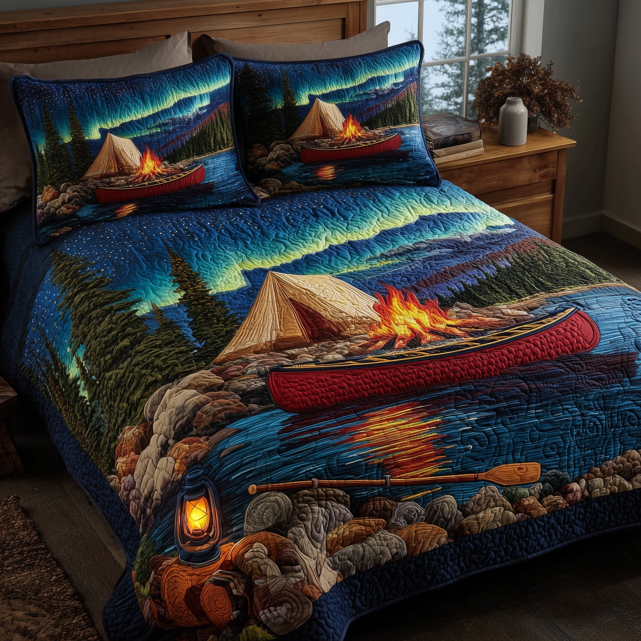 Lakeside Camping Quilted Bedding Set Linen Blend