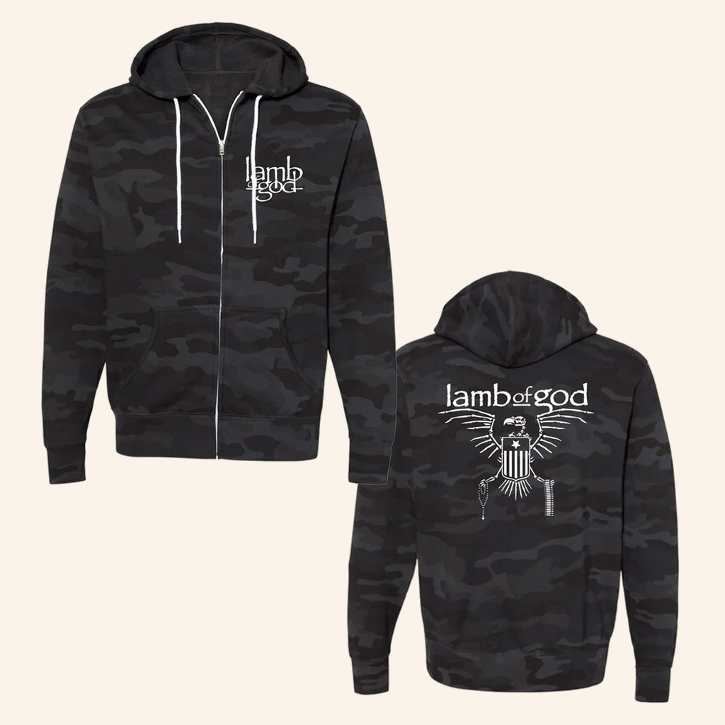 Lamb Of God Merch Skeletal Bird Camo Zip Hoodie Gifts For Band Fans