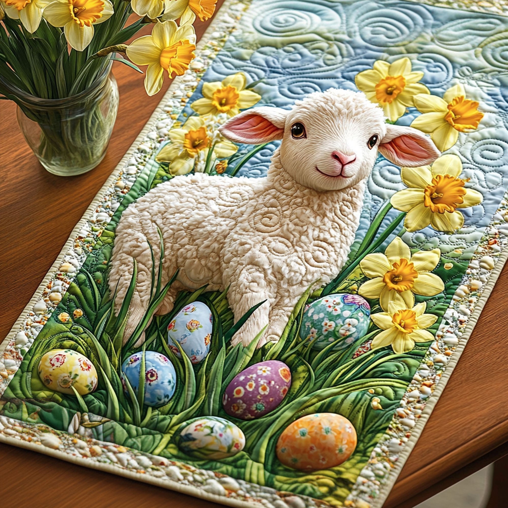 Lamb of God Quilted Table Runner Bunny Table Decor Gift For Coworker