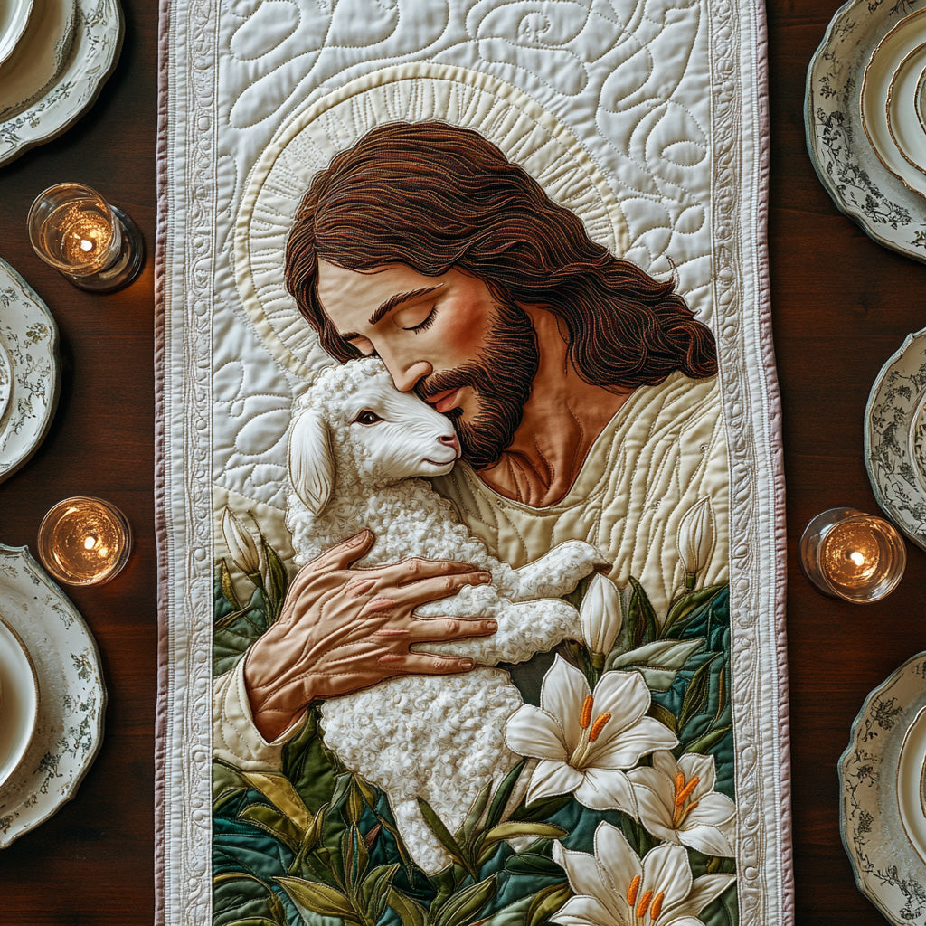 Lamb of Peace Quilted Table Runner Elegant Holiday Table Runners Faith Based Gifts