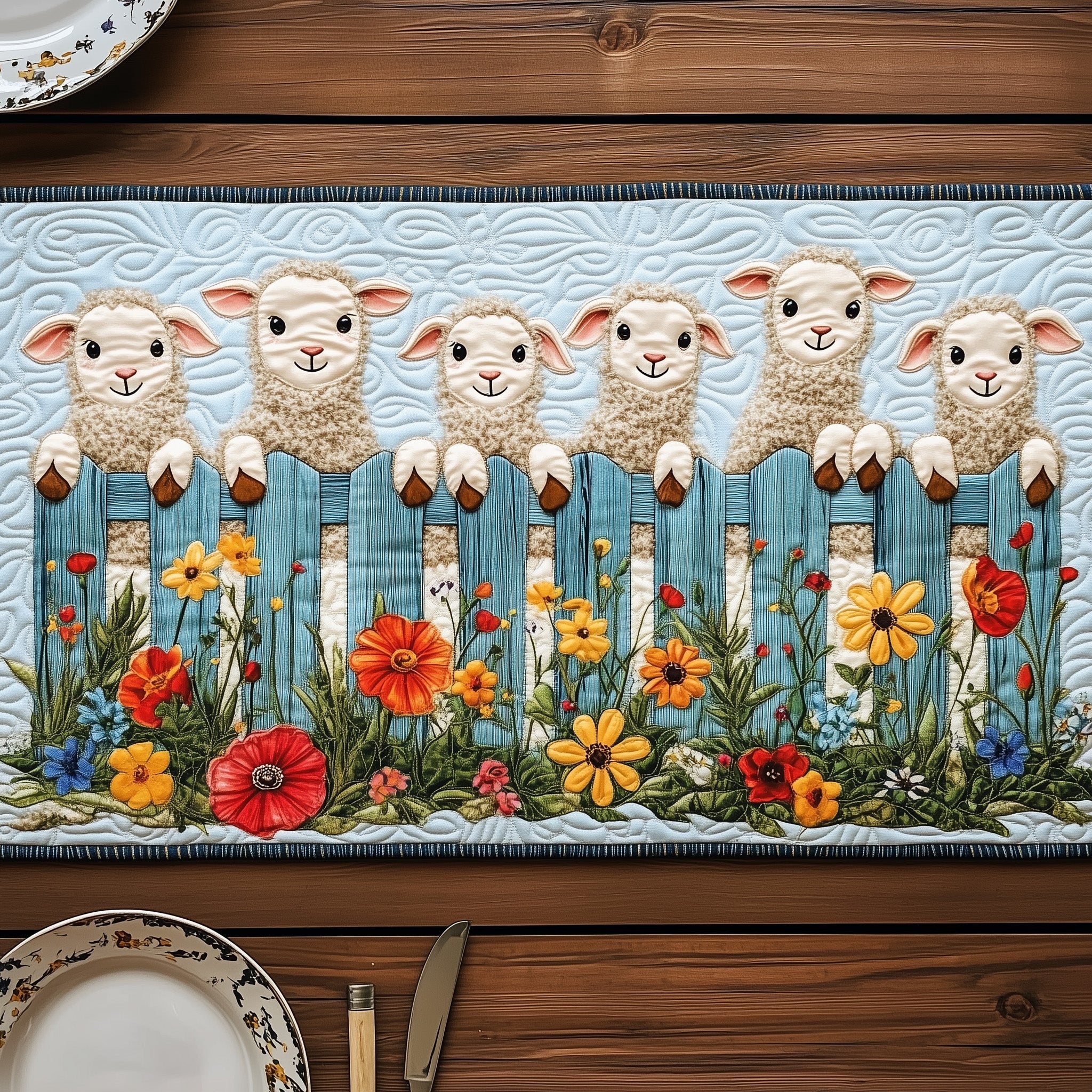 Lambs In Bloom Quilted Table Runner Table Runner for Christmas Decor