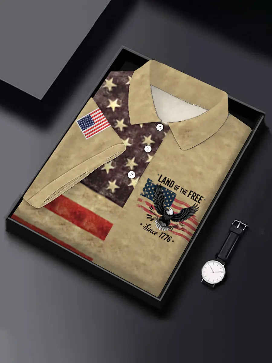 Land of the Free Bald Eagle American Flag Polo Shirt Patriotic Gift for USA Supporters