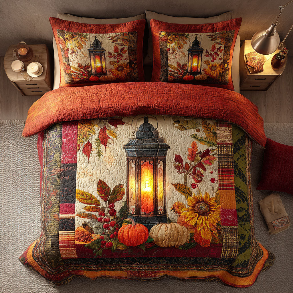 Lantern Light with Leaves Quilted Bedding Set Bed Decorations Autumn Presents