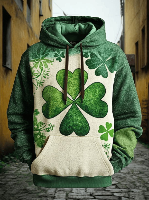 Large Four Leaf Clover Two Tone Hoodie St Patrick's Day Green Cream Botanical Lucky Outfit