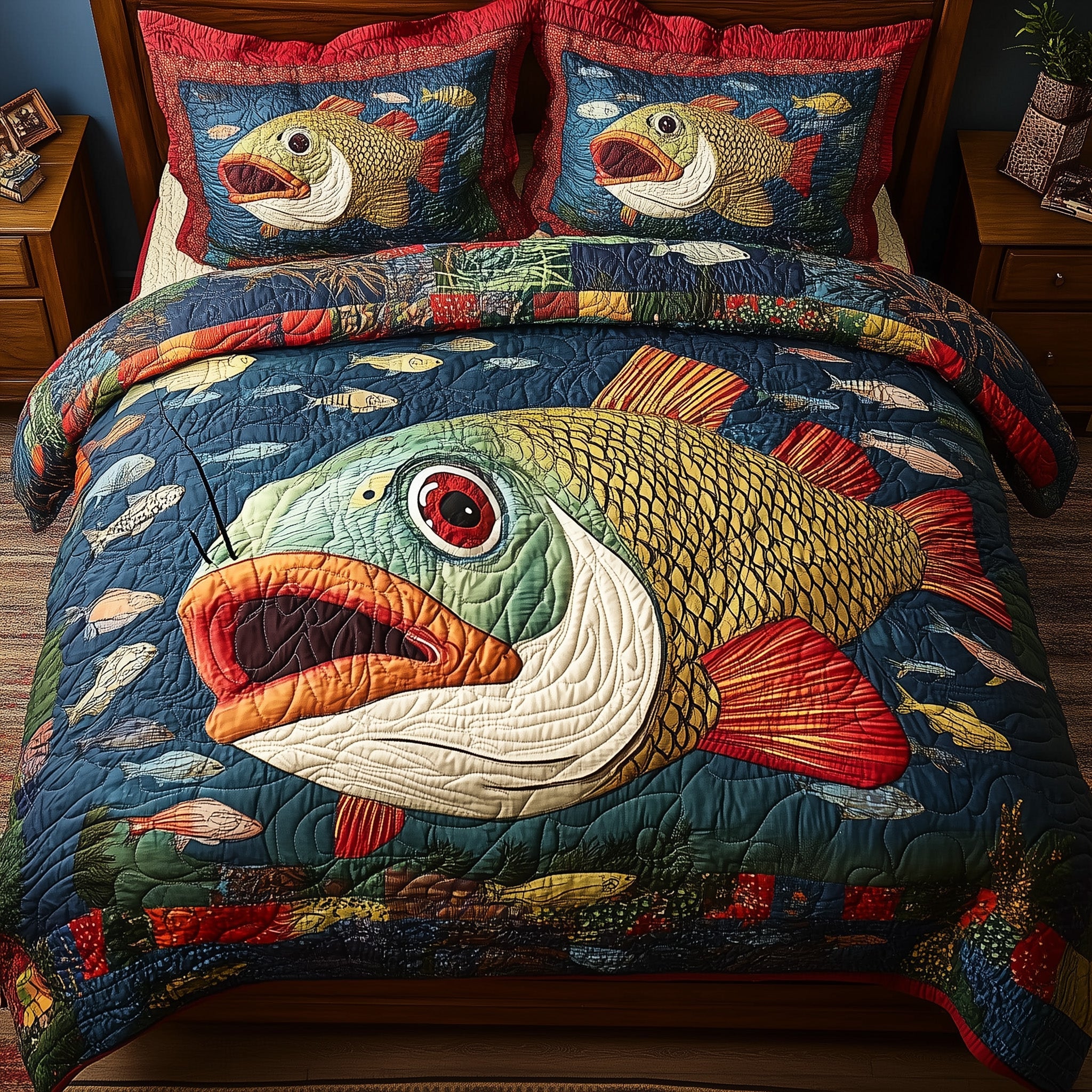 Largemouth Fishing Quilted Bedding Set Duvet Cover Bedspread Best Fishing Gifts