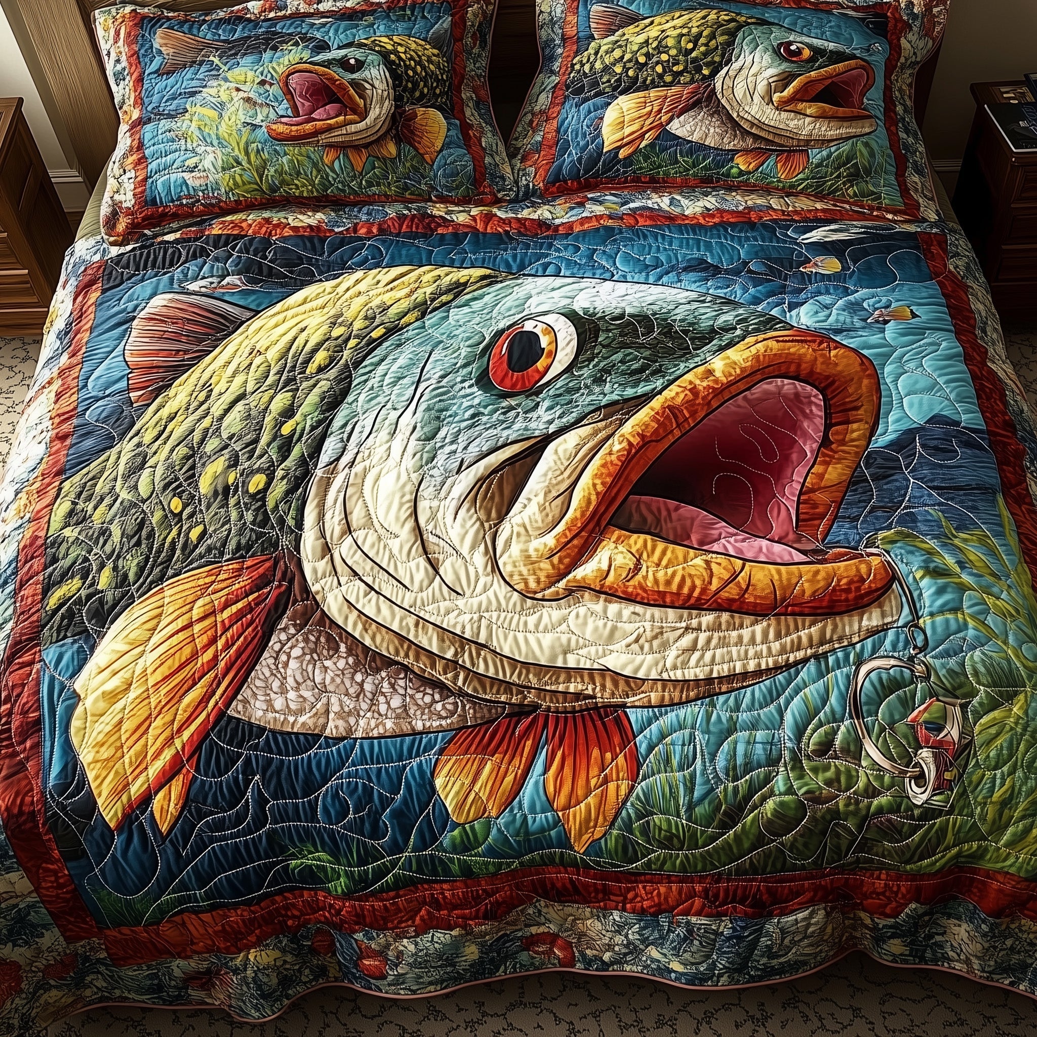 Largemouth Fishing Quilted Bedding Set Duvet Cover Bedspread Best Gifts For Fisherman 2025