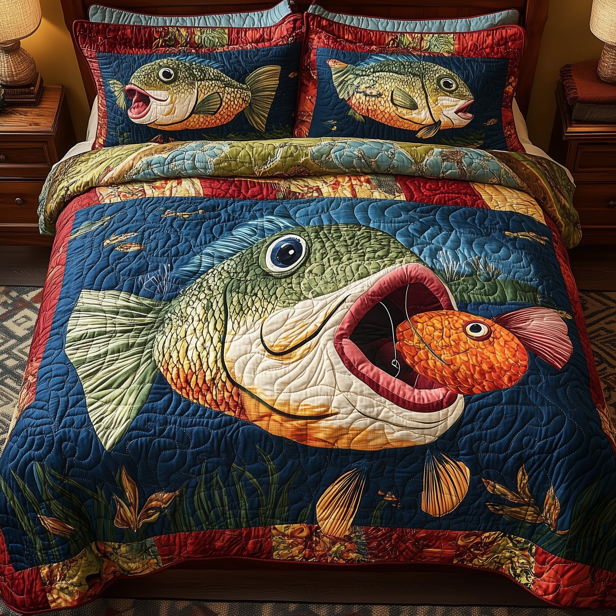 Largemouth Fishing Quilted Bedding Set Duvet Cover Bedspread Cool Fishing Gifts