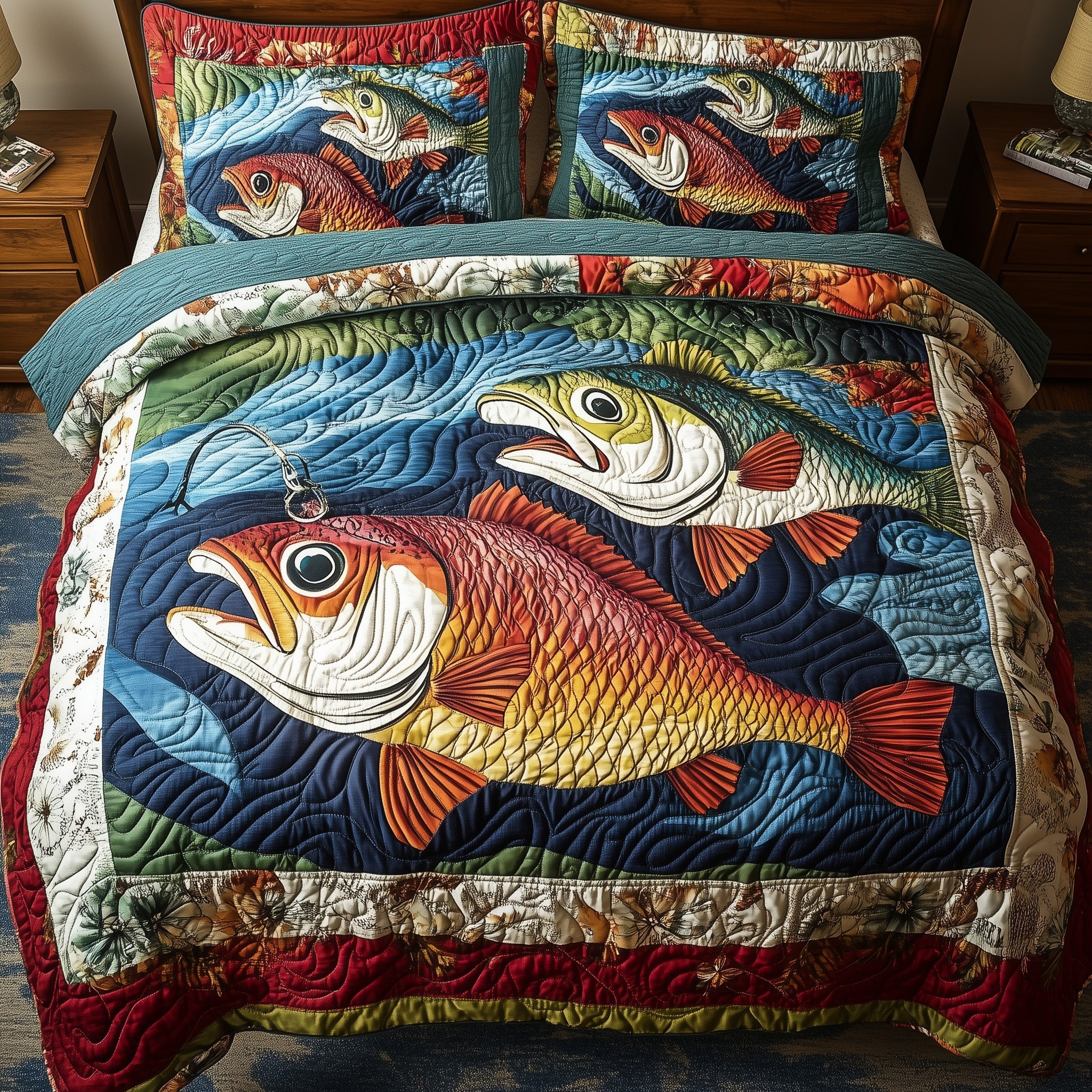 Largemouth Fishing Quilted Bedding Set Duvet Cover Bedspread Fishing Christmas Gifts