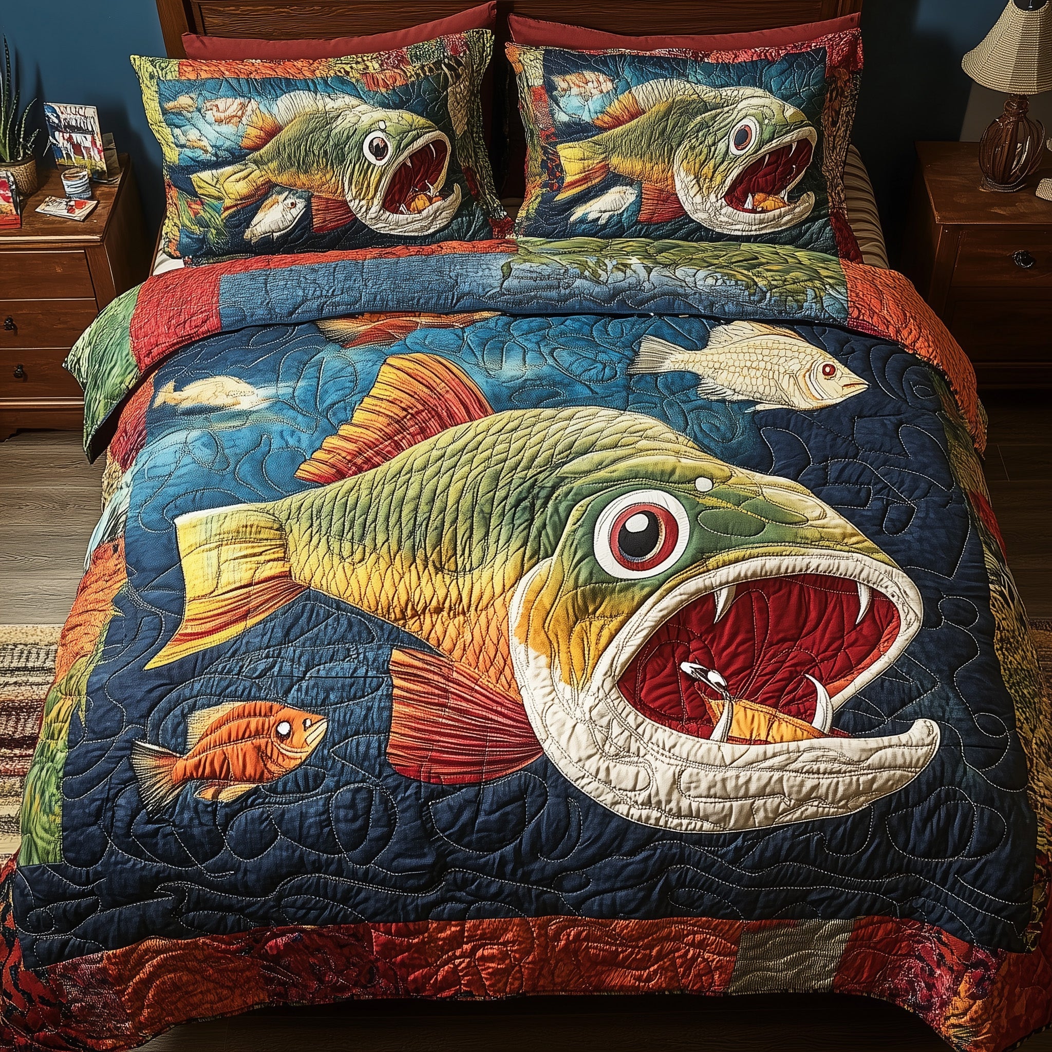 Largemouth Fishing Quilted Bedding Set Duvet Cover Bedspread Fishing Father's Day Gifts