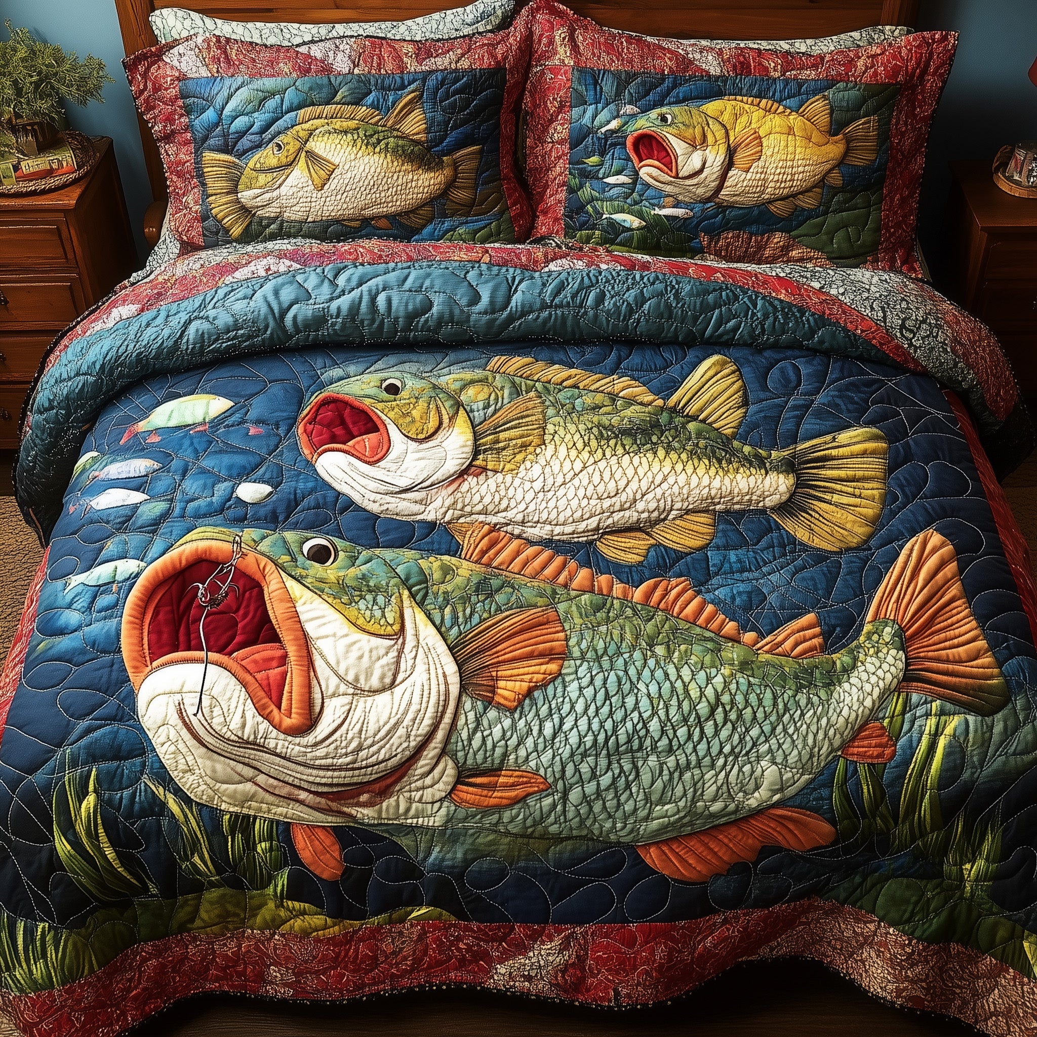 Largemouth Fishing Quilted Bedding Set Duvet Cover Bedspread Unique Fishing Giftsf