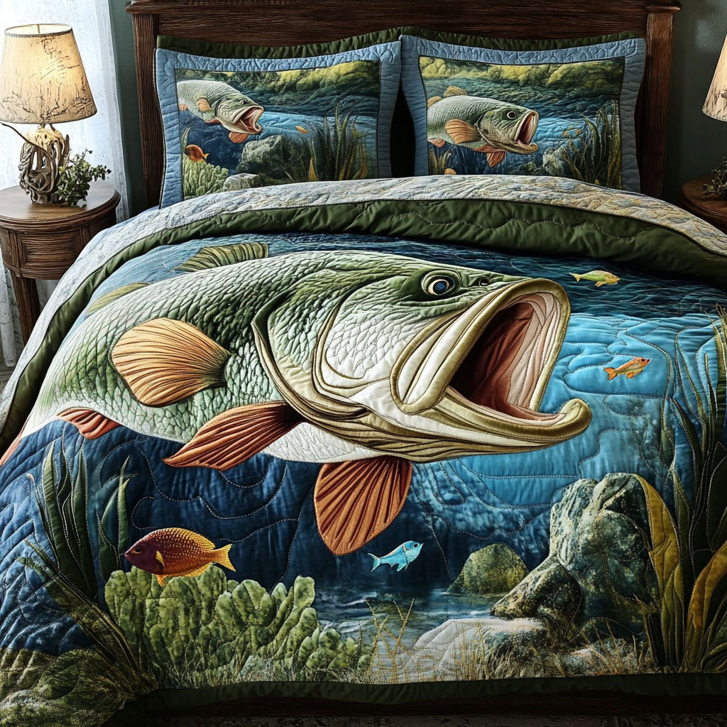 Largemouth King Quilted Bedding Set Unique Bed Sheet Set Fishing Gifts For Dad