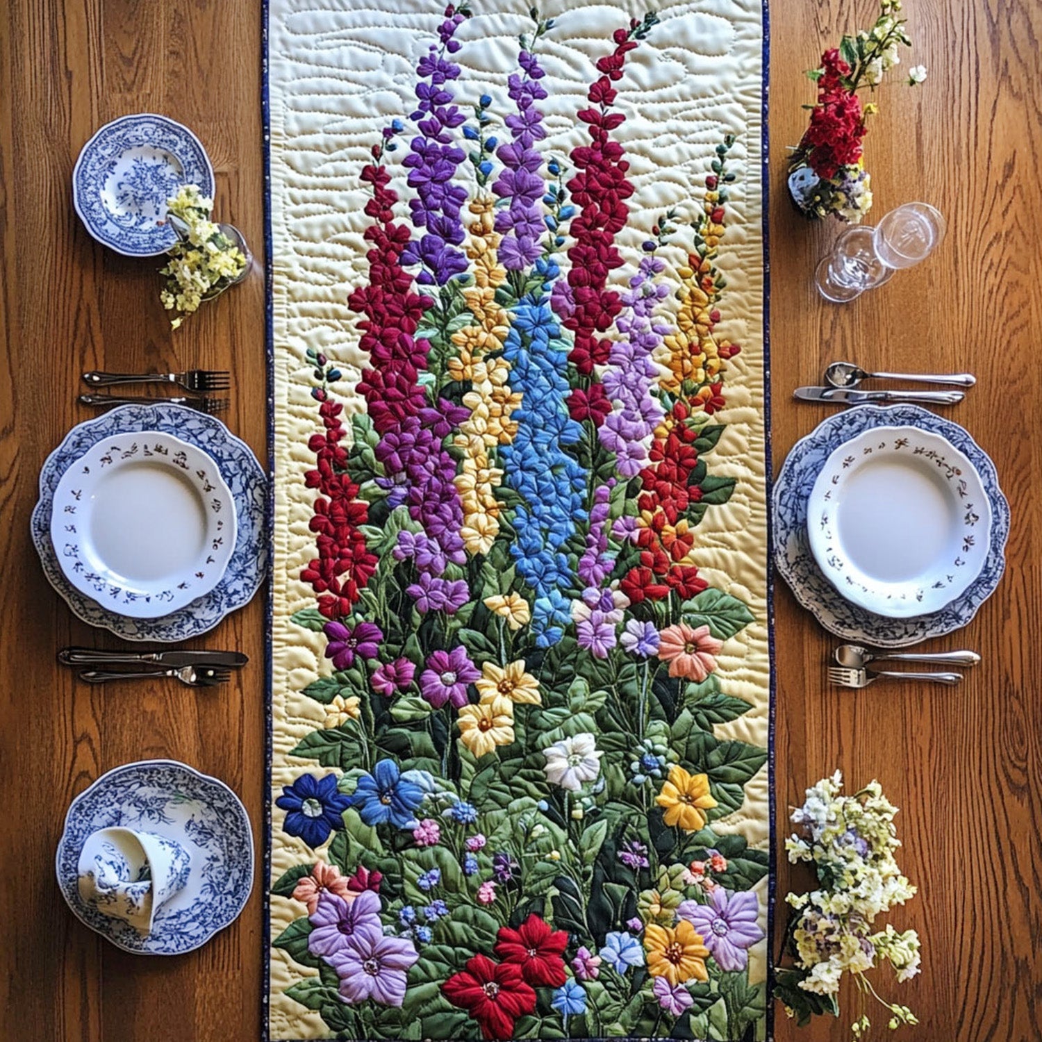 Larkspur Blossom Quilted Table Runner Elegant Holiday Table Runners Gifts For Flower Enthusiasts