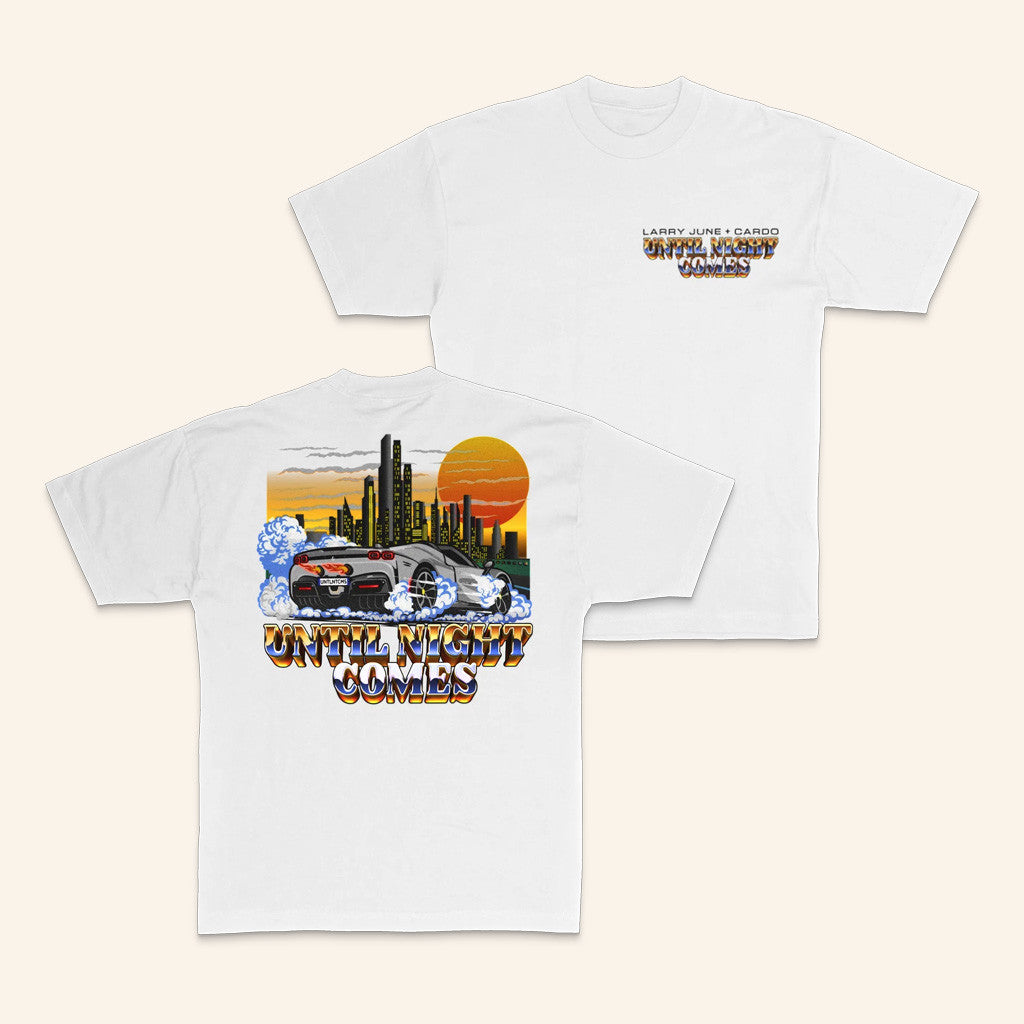 Larry June's Merch Until Night Comes Cityscape White T-Shirt Gifts For Dudes Larry June's Merch Until Night Comes Cityscape White T-Shirt Gifts For Dudes