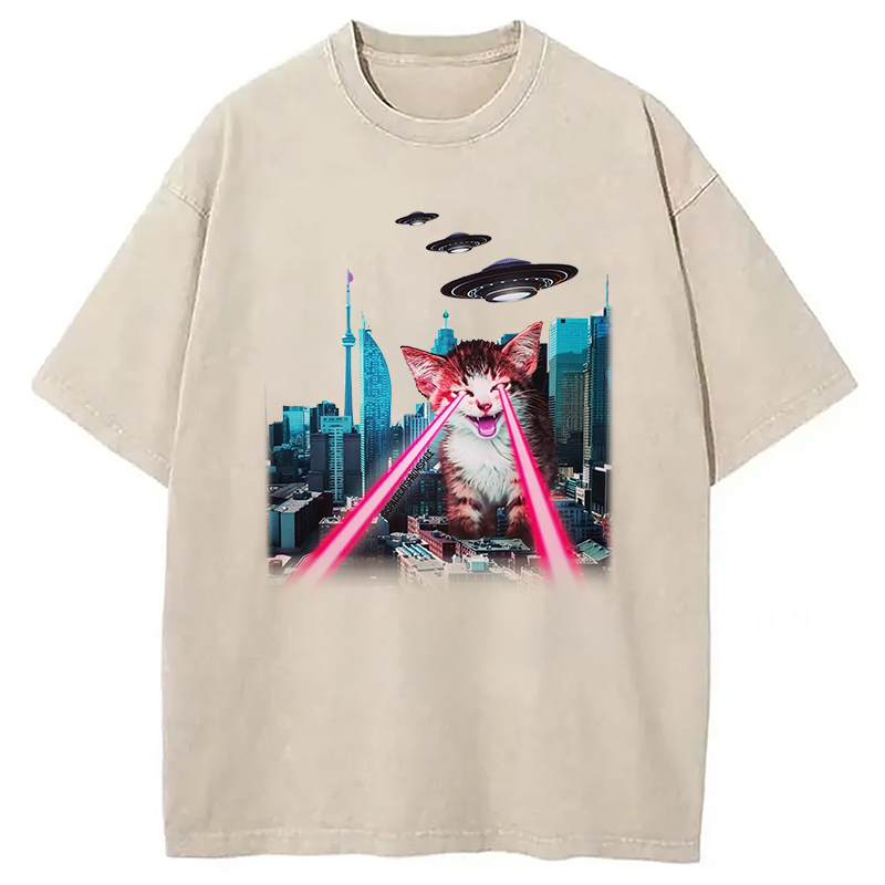 Laser Cat Funny Washed T-Shirt Retro Streetwear Graphic Top Gifts For Besties